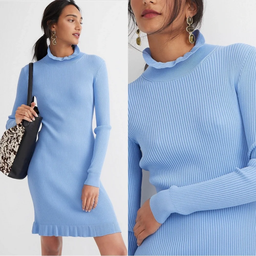 J. Crew Supersculpt Ruffleneck Mini Sweater Dress in Baby Blue - L